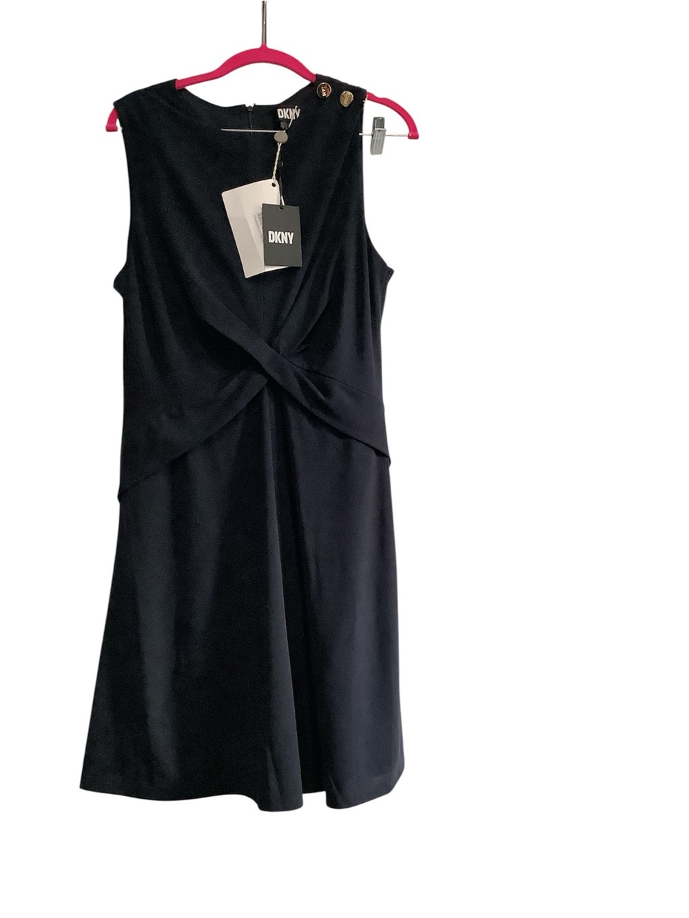 DKNY Black Sleeveless Twist-Front Midi Dress with Shoulder Buttons